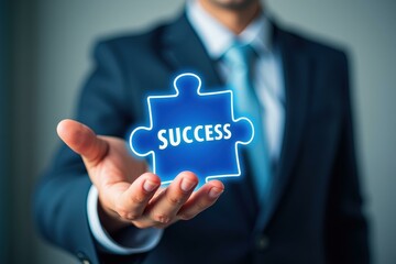 Professional Success Concept: Businessman Holding Blue Puzzle Piece with the Word SUCCESS, Symbolizing Achievement and Motivation in Corporate Environment