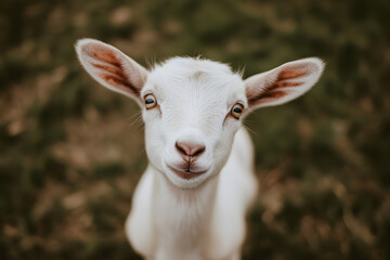 Fototapeta premium A close-up of a baby goat's face, with its big eyes and floppy ears, capturing its adorable features. A goat kid looking up.