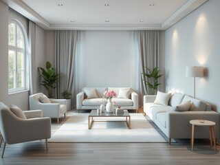 Fototapeta premium A realistic living room mockup with modern furniture and decor, mockup, plant, rug