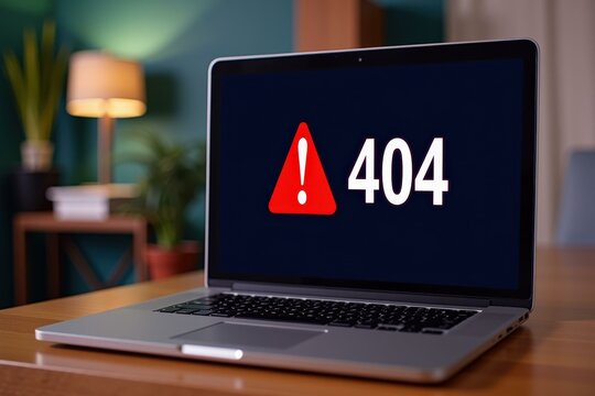 Laptop Displaying 404 Error Page on Screen, Red Triangle Warning Sign, Home Office Setting, Wooden Desk, Modern Interior