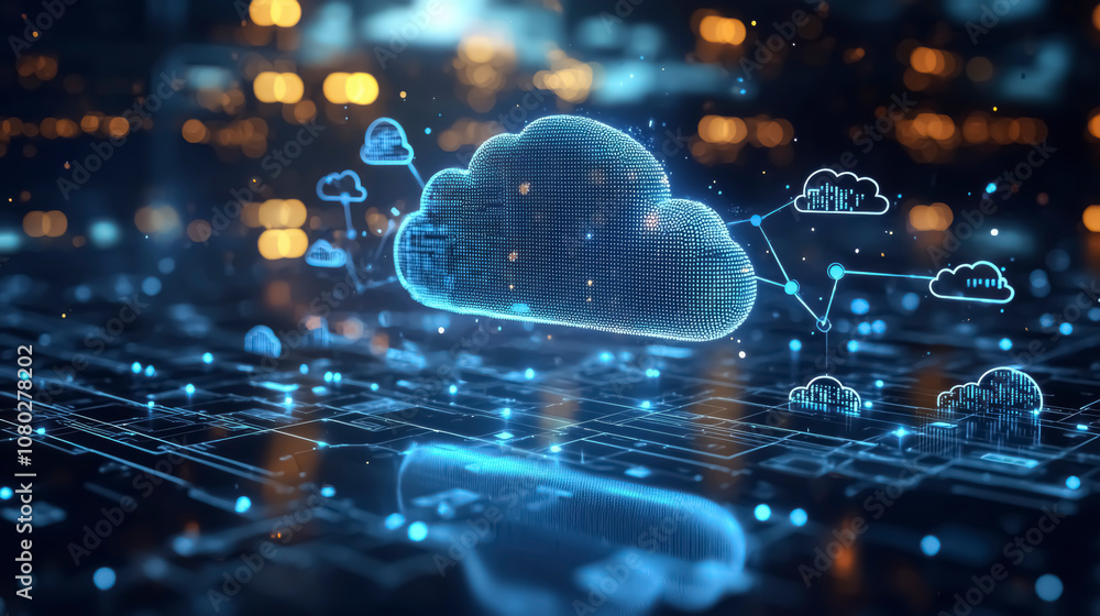 Poster a flat cloud vector design featuring a blue and white gradient, representing digital data flow and t
