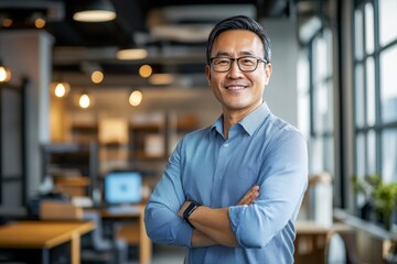 Fototapeta premium Confident business leader portrait of a successful asian entrepreneur in modern office setting