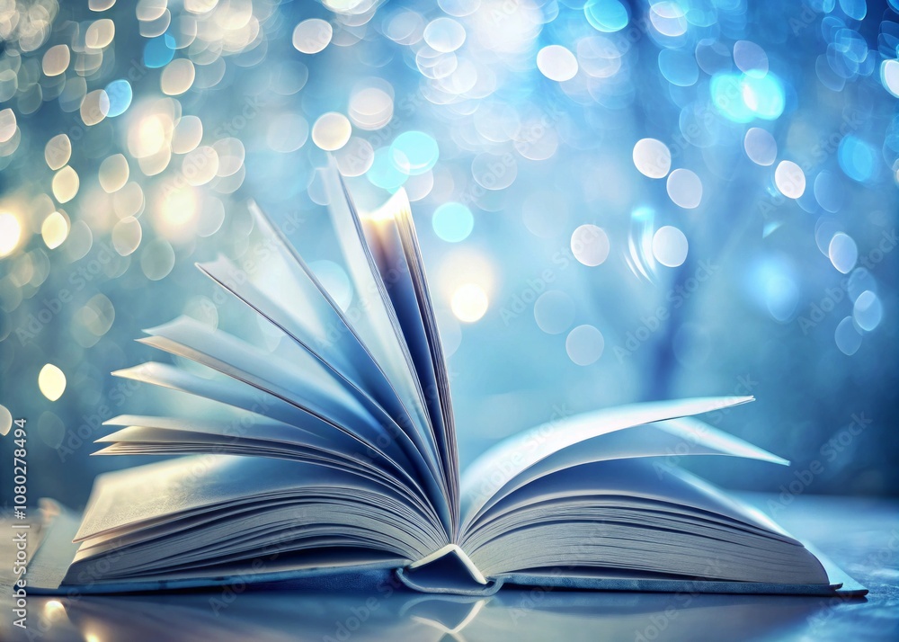 Aufkleber close-up of open book pages bathed in soft blue tint with gentle blur creating a dreamy atmosphere f