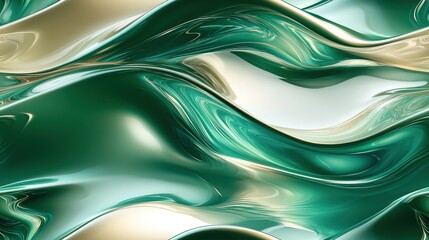 Abstract green and cream fluid waves with glossy texture