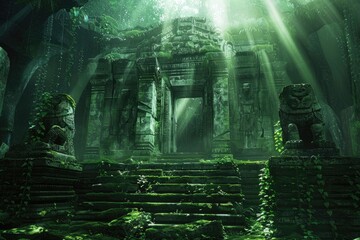 Ancient Stone Temple Overgrown with Lush Greenery and Sunbeams