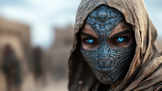 A mesmerizing masked figure with captivating blue eyes hidden beneath a cryptic hooded cloak, capturing an air of mystery and fantasy with a futuristic essence.