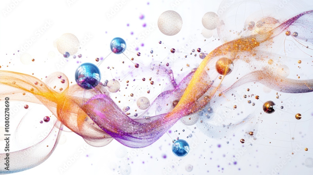 Poster with visual elements representing entangled particles and their interactions