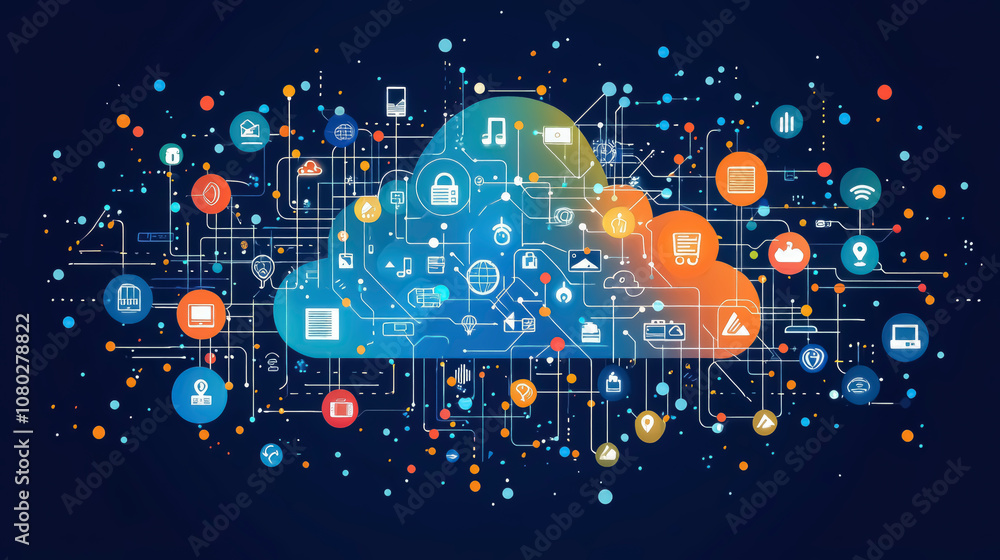 Poster the illustration features a vibrant vector cloud filled with diverse ai symbols, showcasing various 