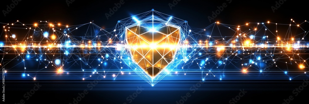 Poster abstract security shield glowing on digital data stream technology, cyber defense concept background
