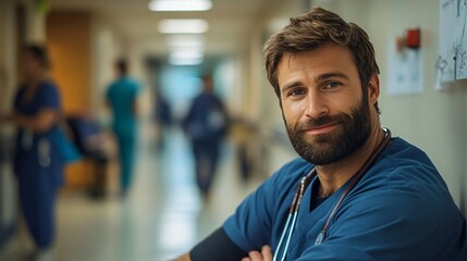 Obraz premium A bearded male doctor seated in a hospital corridor with colleagues symbolizes teamwork and dedication amidst the challenges of modern healthcare settings.