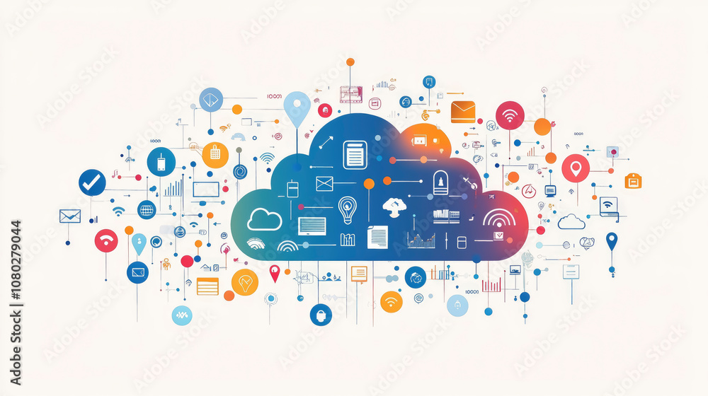 Poster a flat vector cloud illustration surrounded by various digital devices showcasing data connection an