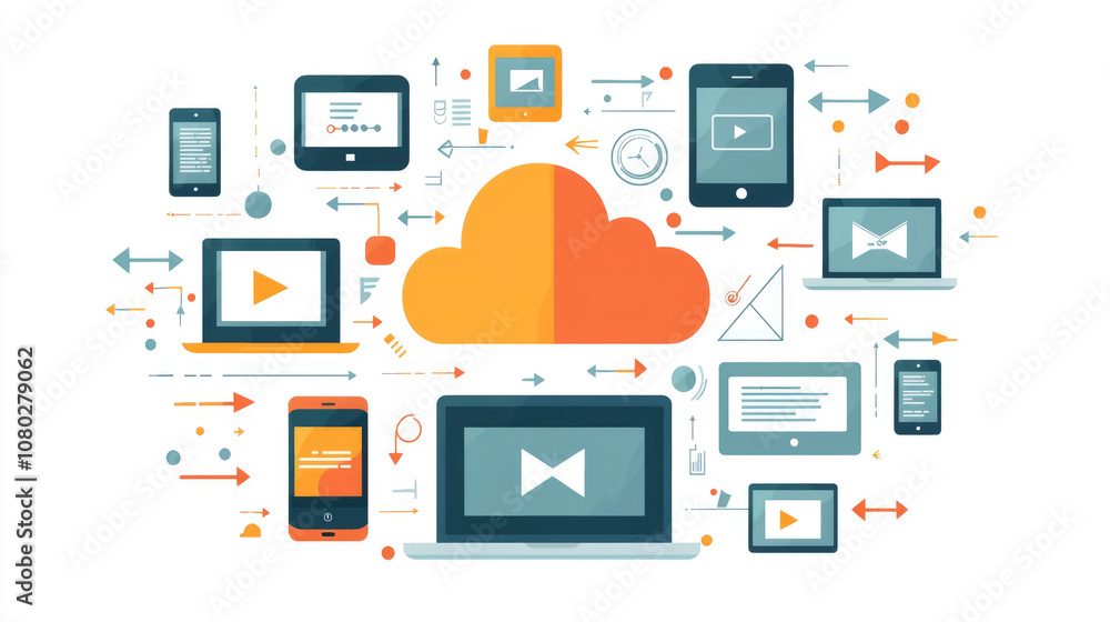 Poster a flat vector cloud illustration surrounded by various digital devices showcasing data connection an