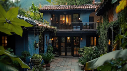 Obraz premium Two-story building, sloping roof tile house, blue brick exterior wall, railings, terrace on the second floor, courtyard at the gate, courtyard with green plants.