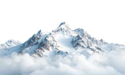 Breathtaking panorama of towering snow-covered mountains adorned with clouds, showcasing nature's splendor under a clear blue sky, an escape into the serene wilderness of landscapes.