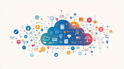 Naklejka premium A flat vector cloud illustration surrounded by various digital devices showcasing data connection and cloud technology in a modern design environment