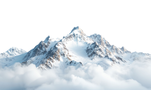 Breathtaking panorama of towering snow-covered mountains adorned with clouds, showcasing nature's splendor under a clear blue sky, an escape into the serene wilderness of landscapes.