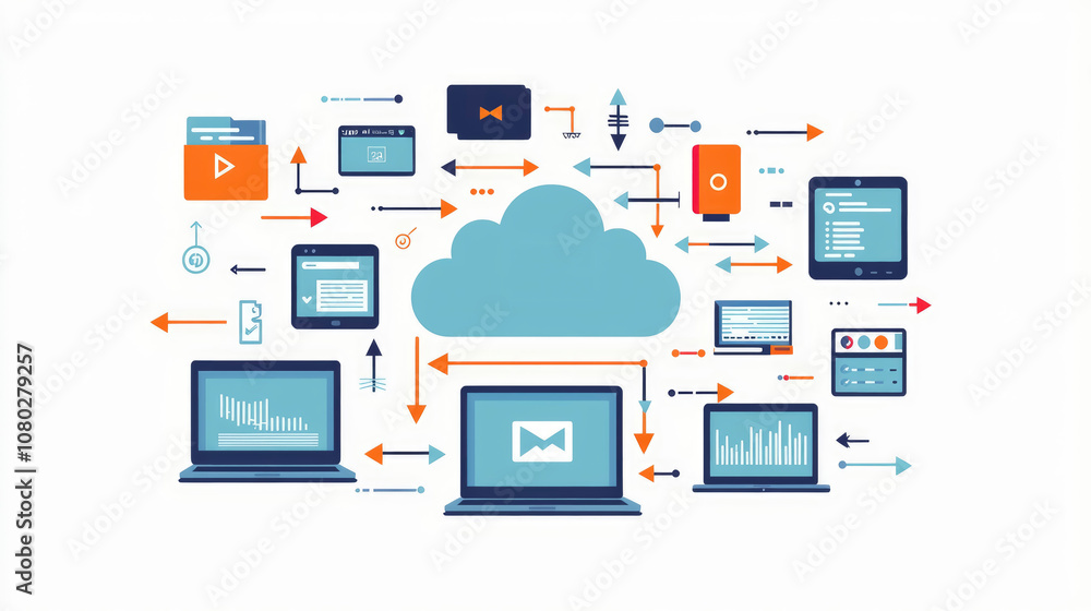 Poster this flat vector cloud is situated at the center, surrounded by diverse digital devices, symbolizing