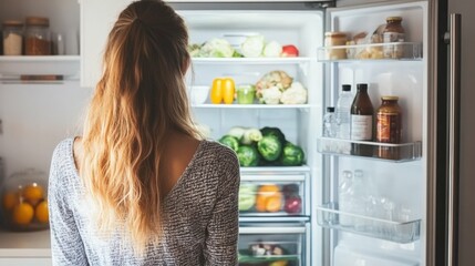 Woman in loungewear standing by the open refrigerator, calmly looking at the shelves, natural lighting, neutral kitchen background with minimal details