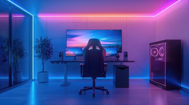 White room with cool white led Down lights, black desk against the wall, with 2 monitors and gaming pc, surrounded by blue and purple led strips, black minimalist gaming chair.