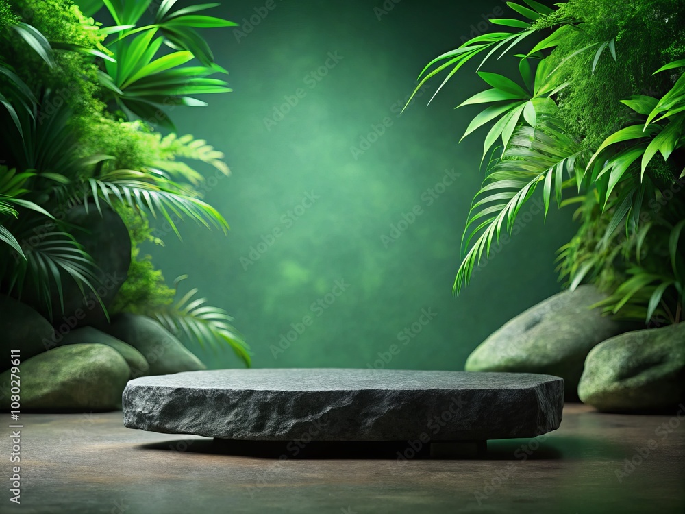 Poster dark minimalist stone platform surrounded by rocks on a green background, ideal for product display 
