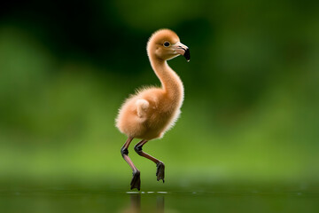 Fototapeta premium A baby flamingo standing on one leg in shallow water, showcasing its adorable posture. A flamingo chick practicing balance.