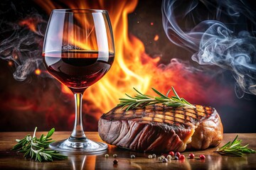 Double Exposure of Grilled Steak and Red Wine: A Culinary Delight Captured in Perfect Harmony, Showcasing the Rich Textures and Bold Colors of Gourmet Dining Experience