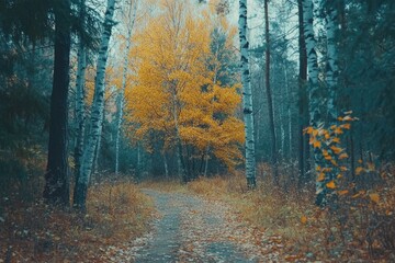 Obraz premium A winding path leads through a dense forest with a bright yellow tree standing out among the greenery