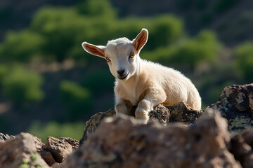 Fototapeta premium A baby goat playfully climbing over rocks in a sunny pasture, illustrating its playful spirit. A goat kid exploring its environment.
