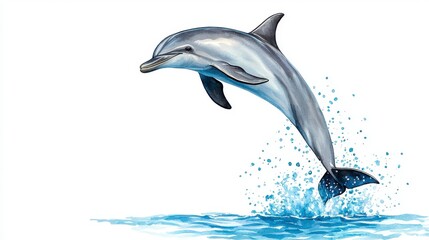 Graceful Dolphin Leaping Out of Crystal Clear Water with Splashing Waves, Capturing the Beauty of Marine Life and the Excitement of the Ocean Environment