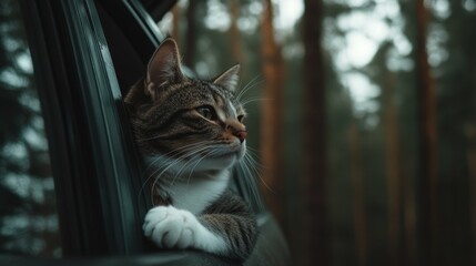 Purebred cat in car with forest background,