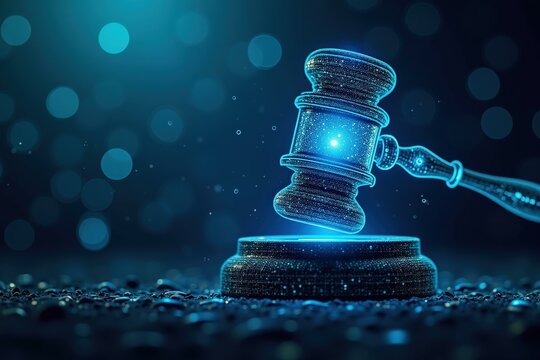 Illuminated Blue Gavel Symbolizing Justice and Authority in a Futuristic Digital World