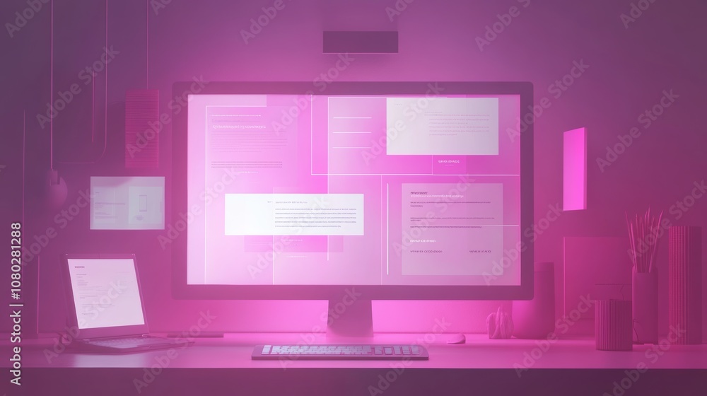 Poster Concept of assembling a web page from modules that fly around the display. The web design studio concept page is on the display