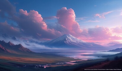 mountains with a river and a mountain in the distance