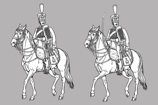 Light cavalry - french Hussar. Mounted soldier of the Napoleonic army. Historical cavalry drawing to color in.	