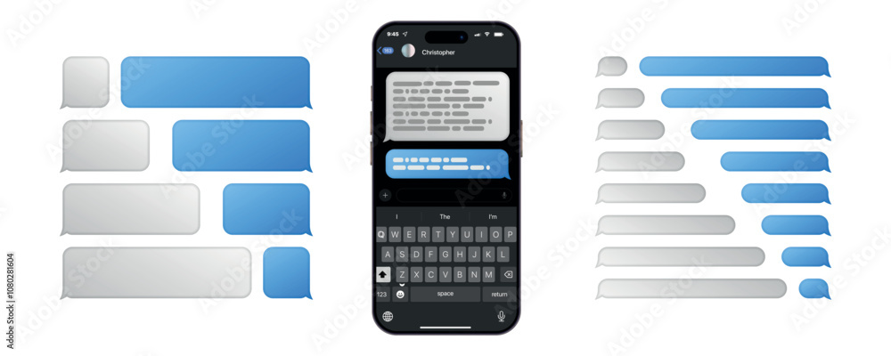 Poster Chatting in smartphone. Send or receive sums on app. phone and speech bubbles blue color in flat style. Vector UI and UX Design with Dark and Light Mode, Chat Bubbles