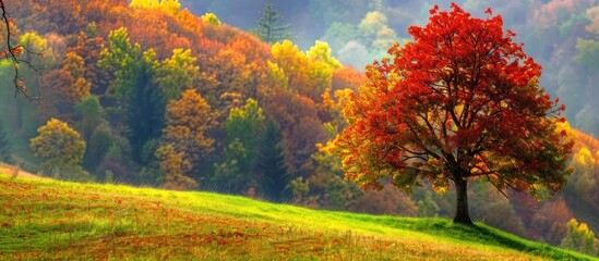 Fototapeta premium Autumnal Landscape with Solitary Red Tree
