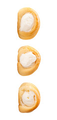 Front view set of puff pastry cream horns isolated with clipping path in png file format