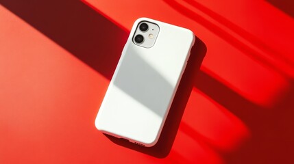 White iPhone on Red Background: A minimalist, clean, and contemporary image featuring a white iPhone on a bold red backdrop, bathed in soft natural light.