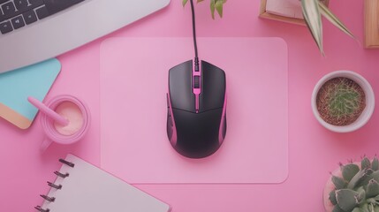 Pink Desk Setup with Mouse: A flat lay showcasing a minimalist pink desk setup with a black computer mouse on a pink mousepad, surrounded by essential work accessories.  
