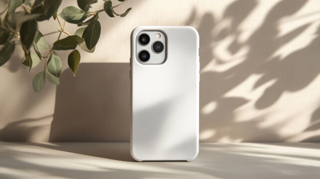 Minimalist Phone Mockup:  A sleek white iPhone 11 Pro case rests on a neutral background, subtly framed by soft light and shadow, creating a serene and stylish product presentation.