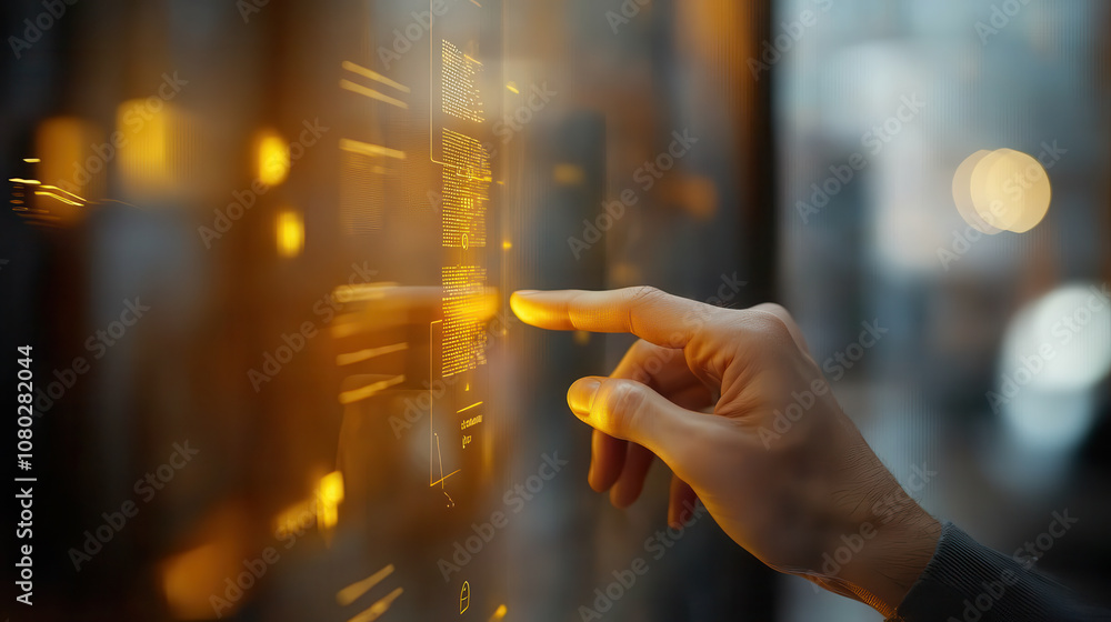 Poster close up of finger tapping on futuristic touchscreen interface, showcasing glowing data and technolo