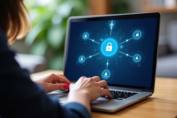 Secure Data Management: Woman Working on Laptop with Blue Cybersecurity Network Concept