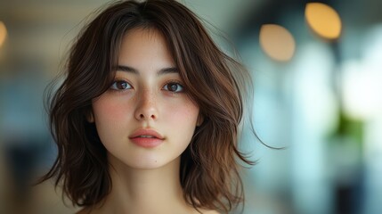 Fototapeta premium Intriguing Gaze: A captivating portrait of a young woman with flowing brown hair, her gaze directed straight ahead, exuding an air of mystery and allure. 