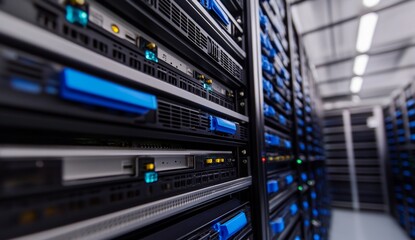 Advanced technology server room with black and blue equipment and cybersecurity features