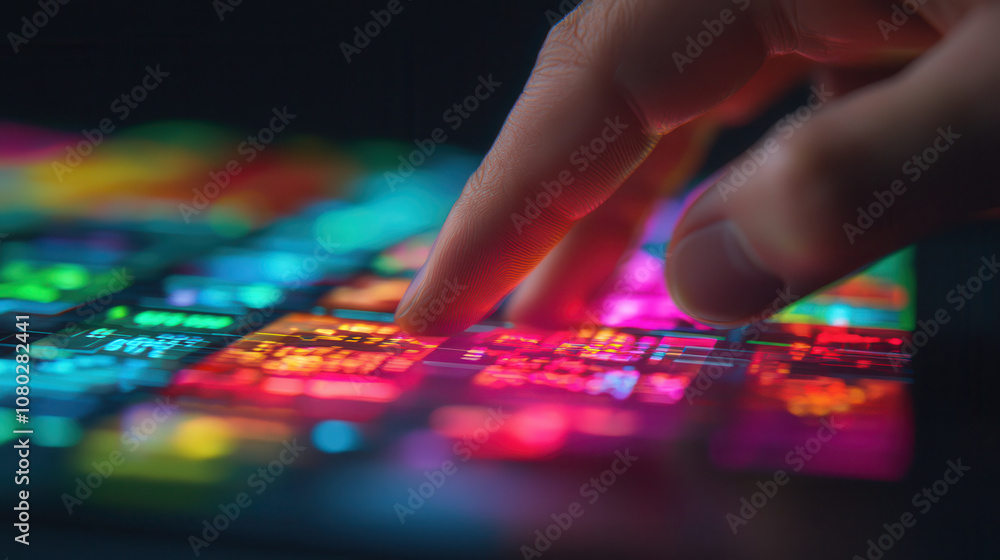 Poster hand interacting with colorful virtual interface, showcasing vibrant buttons and holographic element