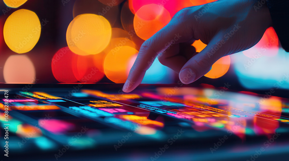 Poster hand swiping on digital tablet displaying colorful icons and graphics, surrounded by vibrant bokeh l