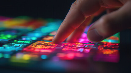 Obraz premium hand interacting with colorful virtual interface, showcasing vibrant buttons and holographic elements. scene conveys sense of advanced technology and innovation