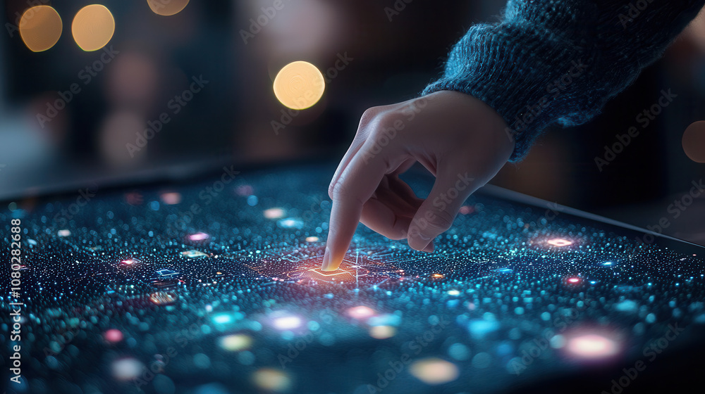 Poster hand interacting with glowing digital interface, showcasing vibrant data points and connections, cre