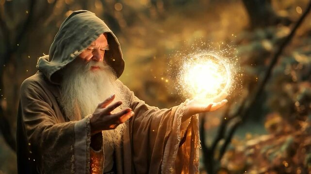 A wizard with a white beard and robes was reciting spells and casting magical spells, with special powers in his hands