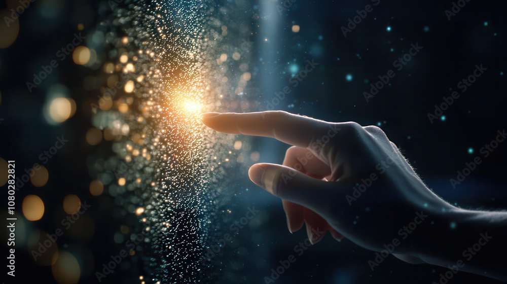 Poster hand reaching out to touch glowing light in dark environment, creating sense of wonder and connectio